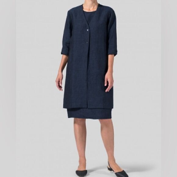 Vivid Linen Straight Fit Button Front Long Jacket - Picture 1 of 9